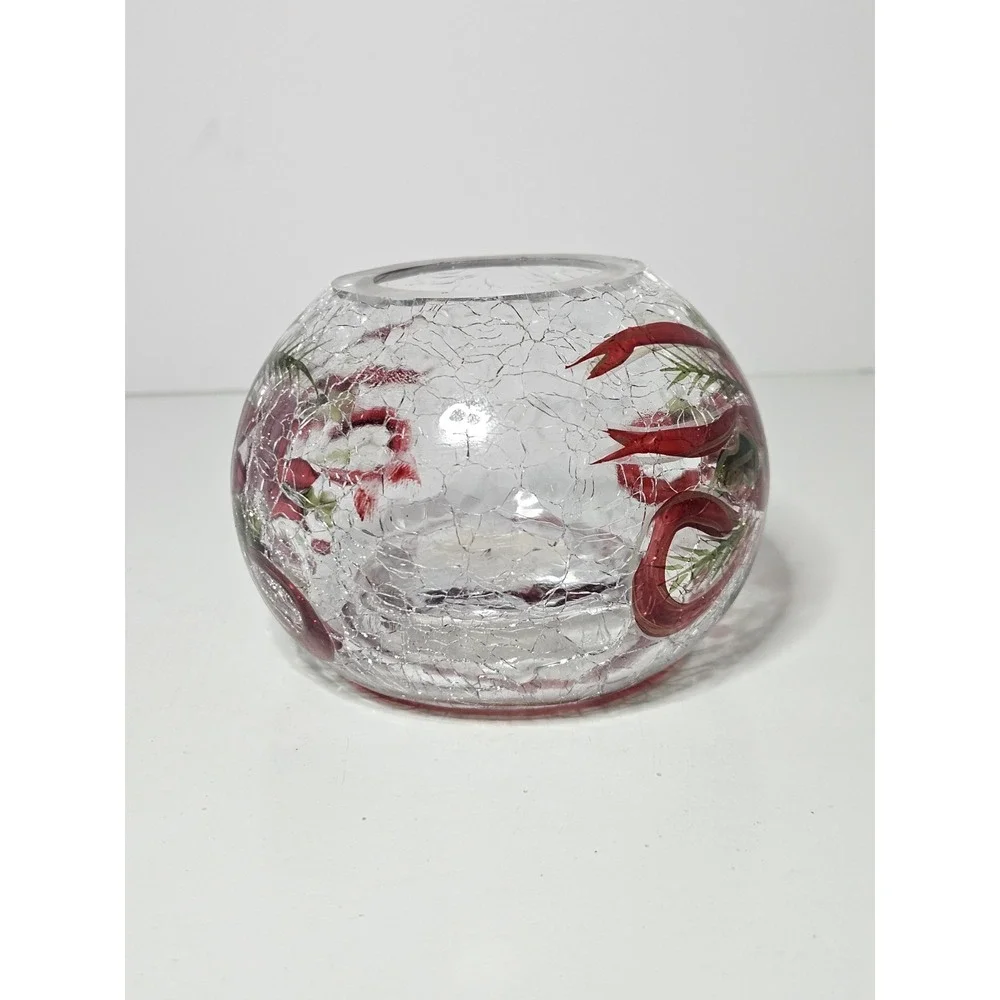 Crystal Clear Christmas Poinsettia Hand Painted Crackle Glass Votive Holder Vtg